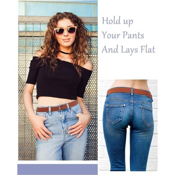 Women No Show Invisible Belt Elastic Stretch Waist Belt with Flat Buckle - Picture 5 of 7